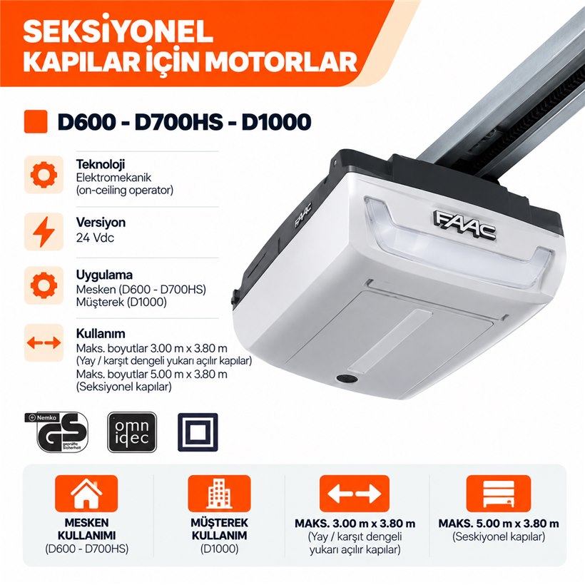 KARTOP Darıca FAAC D600 D700HS D1000 seksiyonel kapı motoru
